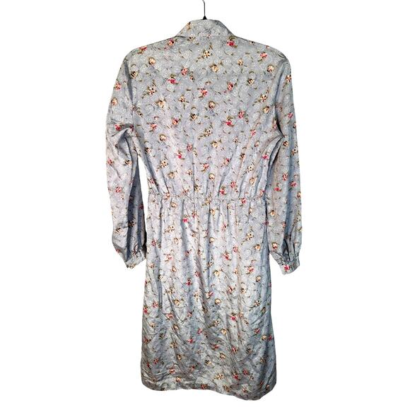 Vintage 1970s Lady Manhattan 8 Long Sleeve SILK Secretary Dress Floral Gray Pink - Picture 3 of 6